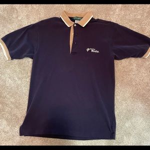 Outer Banks polo men’s navy blue w/tan accent. Charted Media embroidered on it